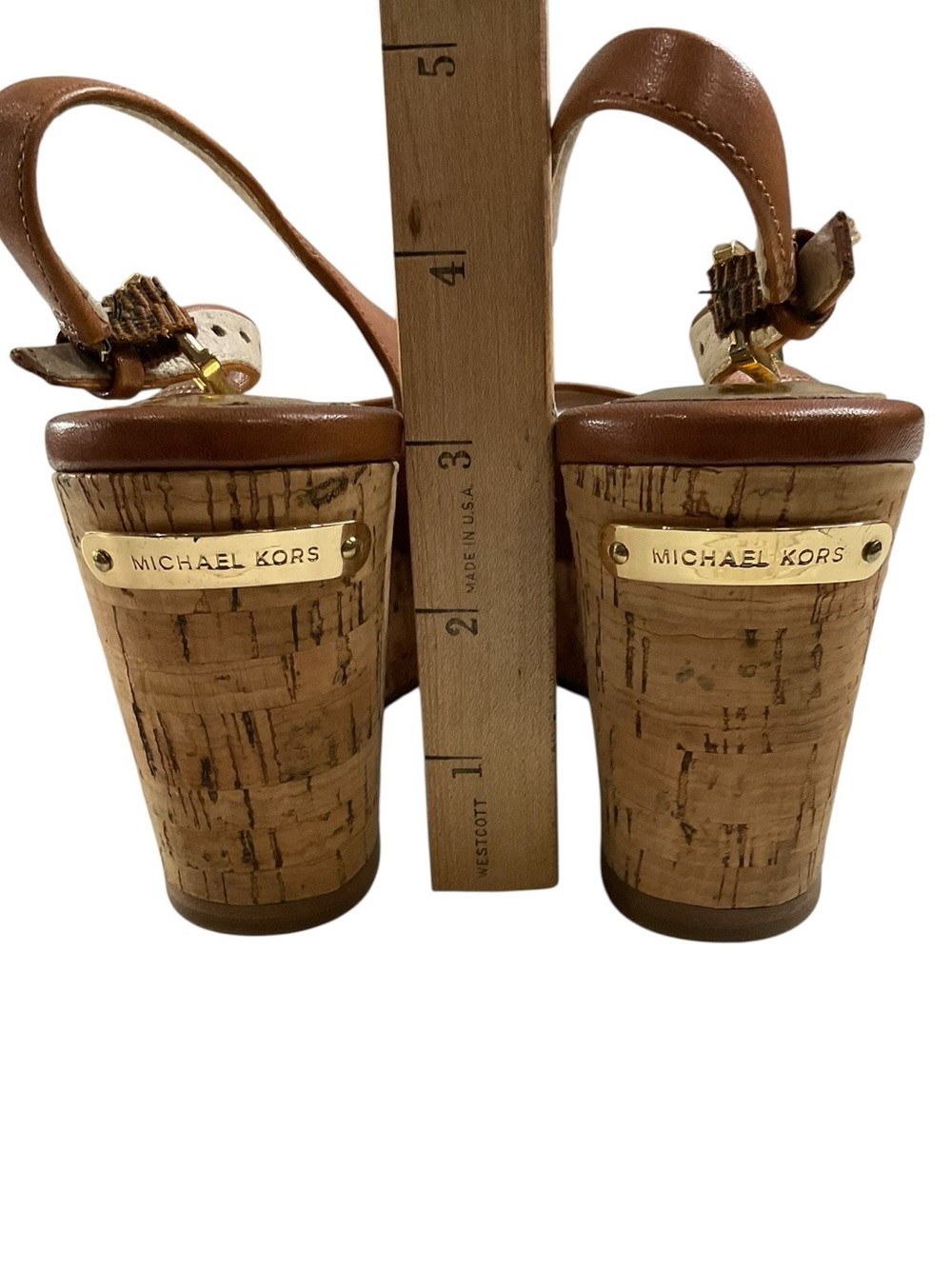 MICHAEL Michael Kors Brown Leather Cork Wedge Slingback Peep-Toe Sandals - Picture 7 of 9